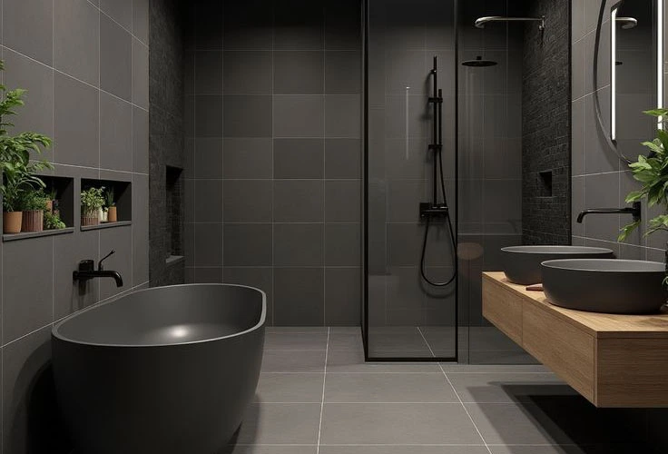 Grey bathtub matching wall tiles design  